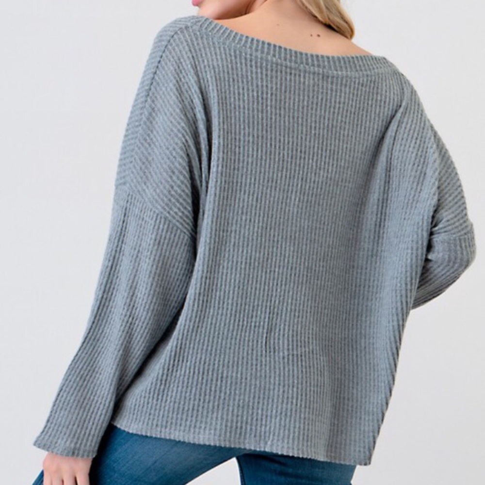 Grey Waffle V-Neck Long Sleeve - Picture 2 of 2